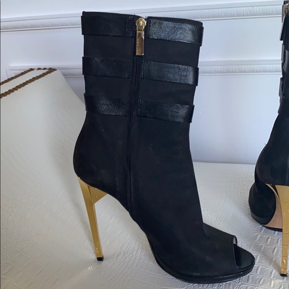 Black Nubuck Platform High Heel Open Toe Bootie - Picture 4 of 7